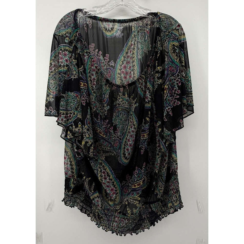 Lane Bryant Womens 22/24 Paisley Sheer Mesh Smocked Hem Blouse Black Multi Color